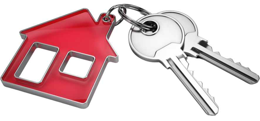 A pair of keys sitting on top of a red house keychain.