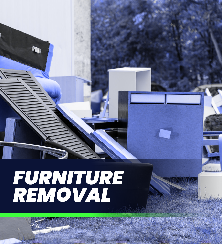 a pile of furniture is sitting in the grass with the words furniture removal on the bottom