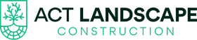 Logo for ACT Landscape Construction featuring a green tree and root icon inside a shield, next to the company name.