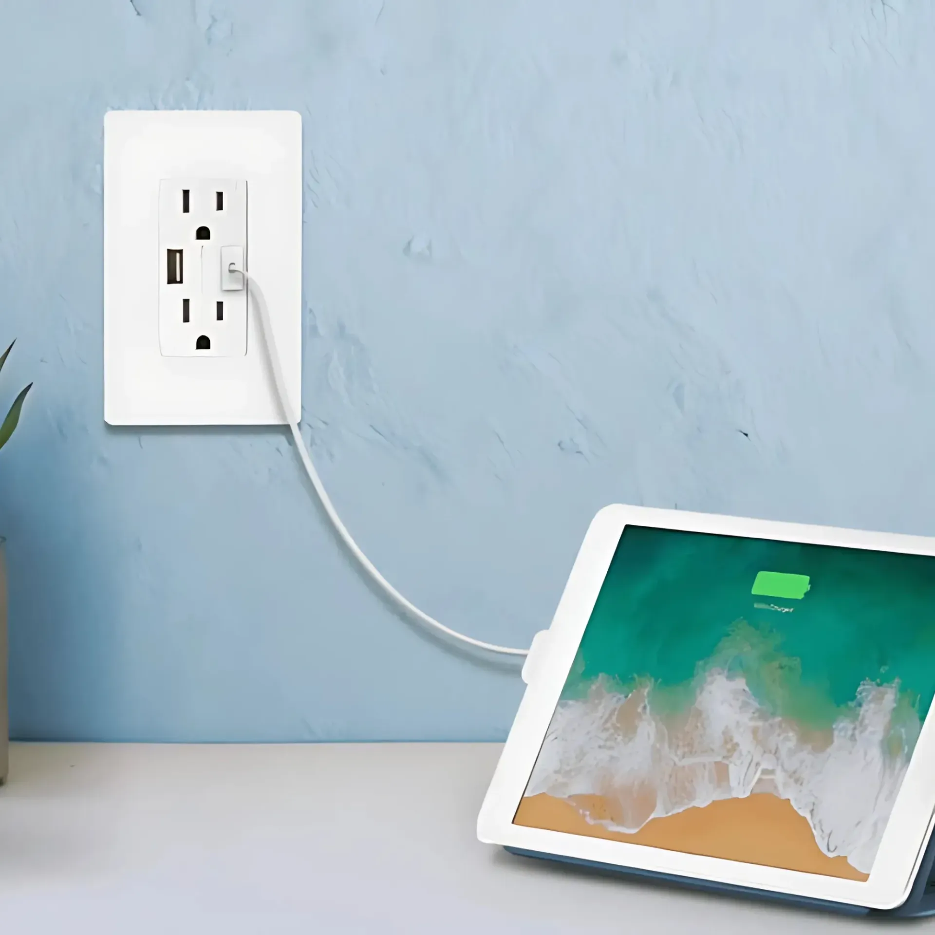 Horizon Electric USA - A tablet is plugged into an electrical outlet on a table.