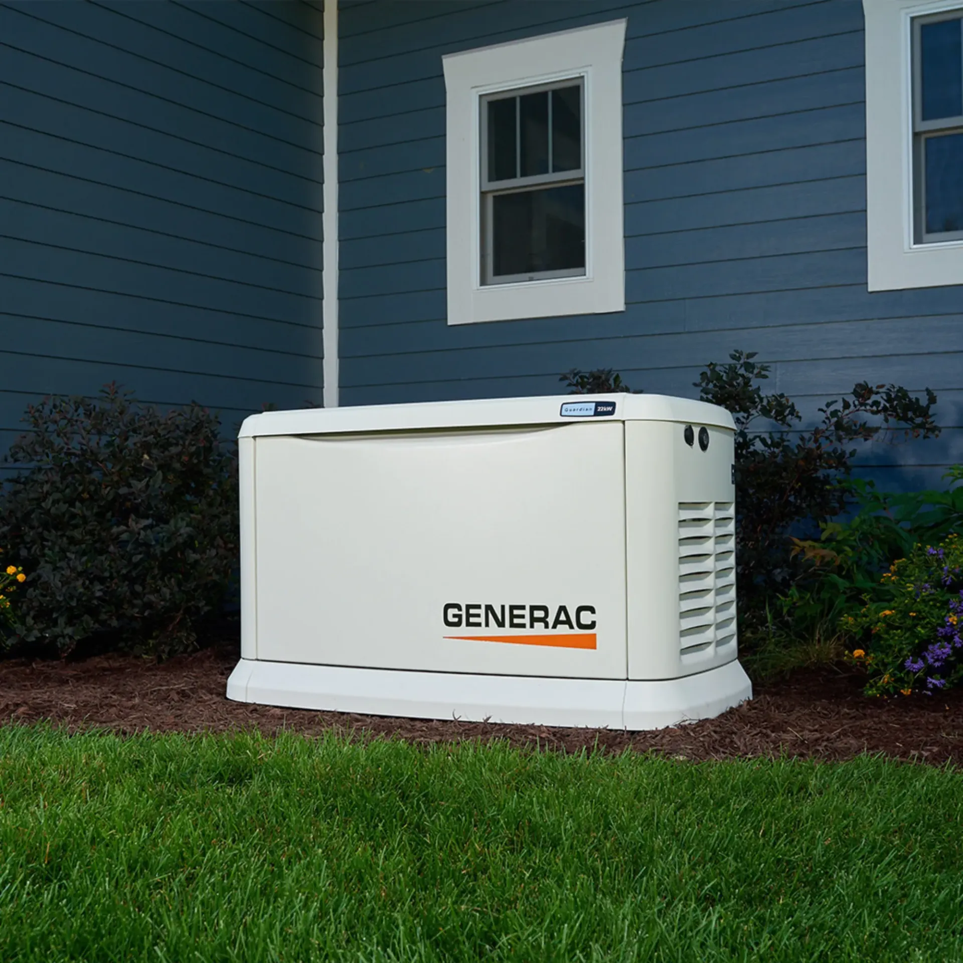 Horizon Electric USA - A generator is sitting in the grass in front of a house.