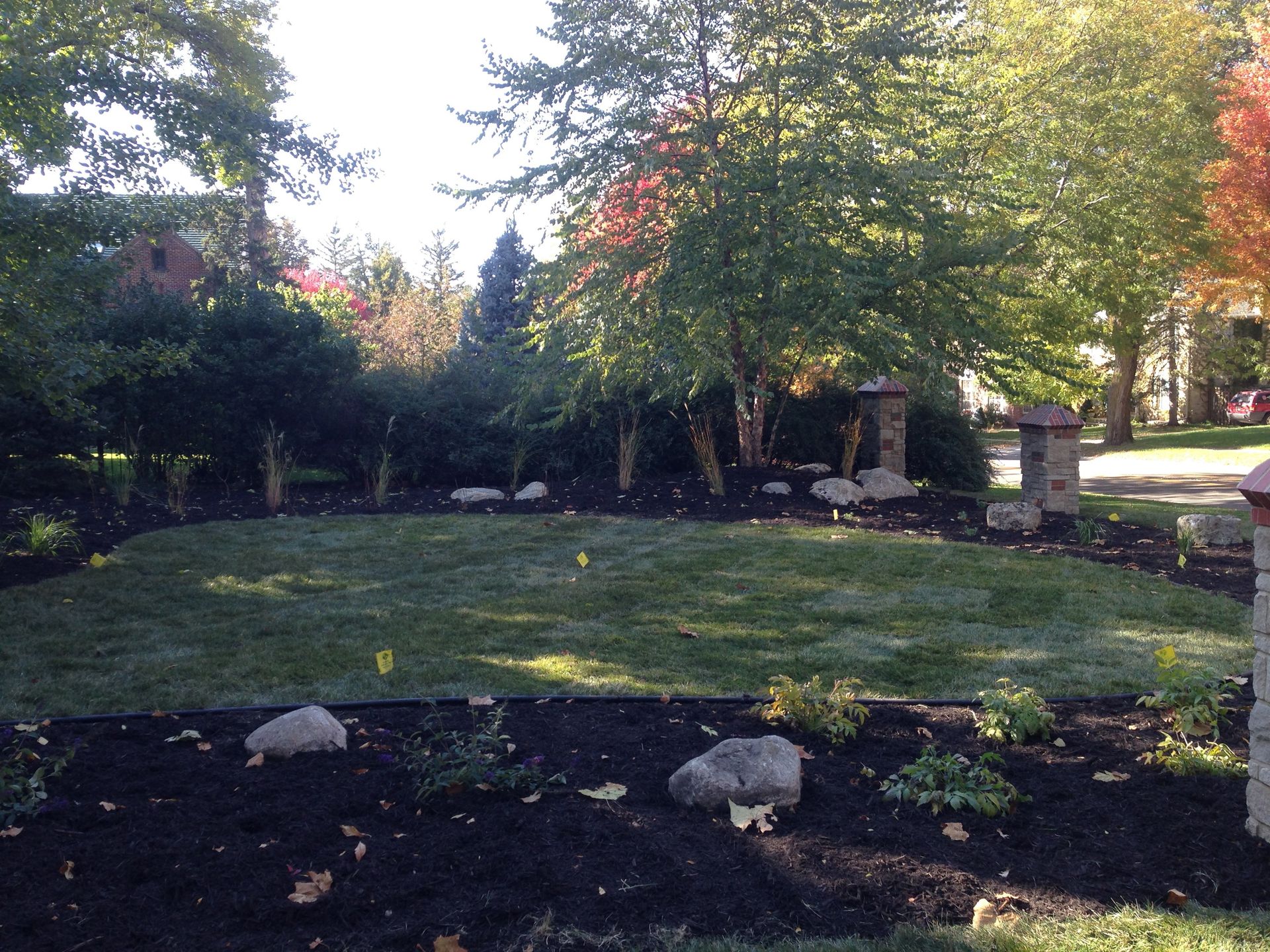 A lush green lawn surrounded by trees and rocks