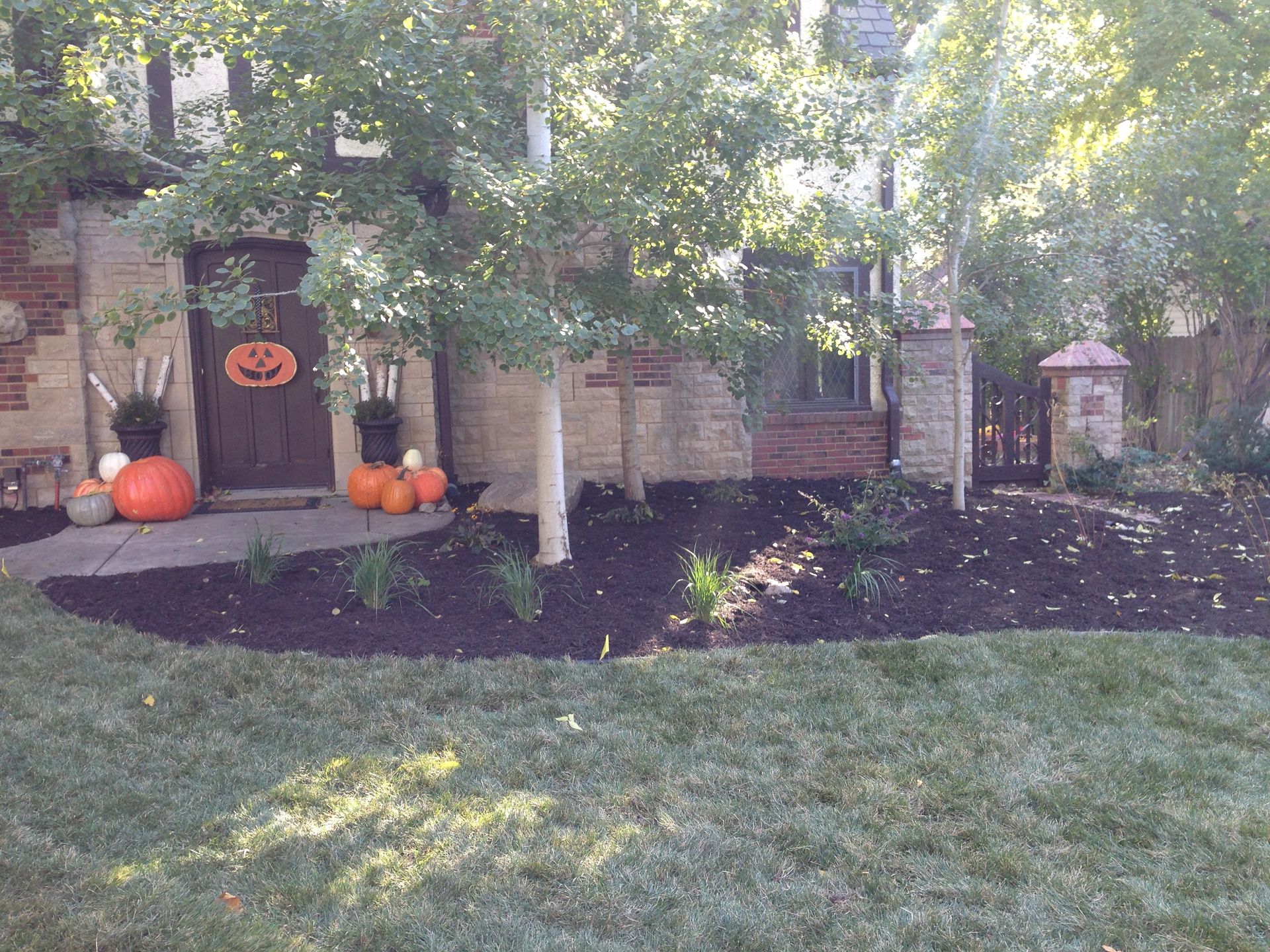 A house decorated for halloween with pumpkins and a pumpkin on the door