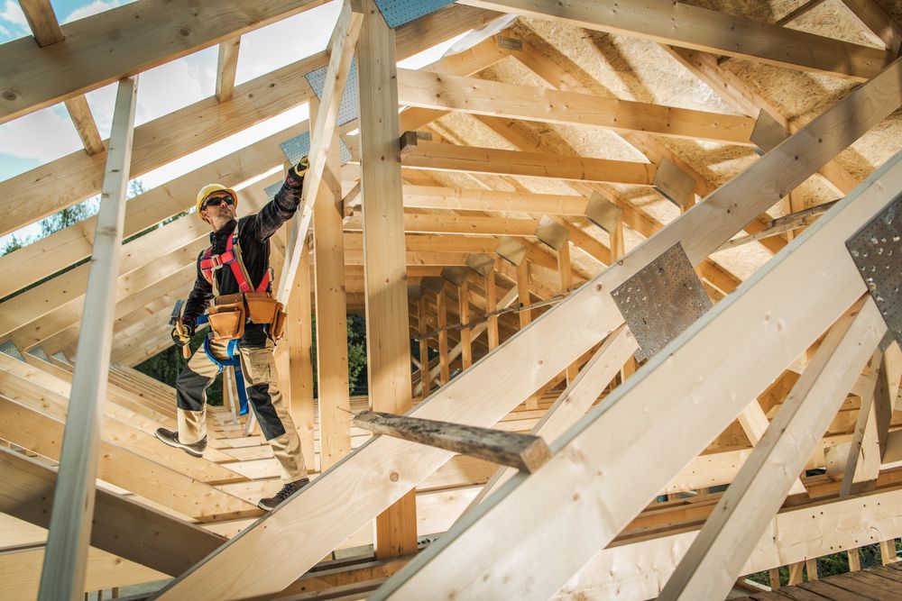 Worker in Safety Harness Climbing Roof Trusses Inside a Wooden Building Frame — C K Carpentry in Byron Bay, NSW