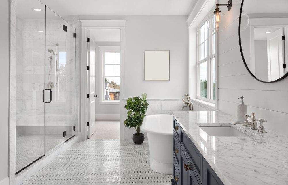 Bright Modern Bathroom With Glass Shower, Double Vanity — C K Carpentry in Byron Bay, NSW