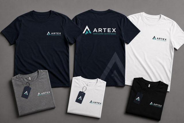 Magliette ARTex con logo, nei colori blu navy, bianco, grigio e nero, disposte su uno sfondo grigio chiaro.