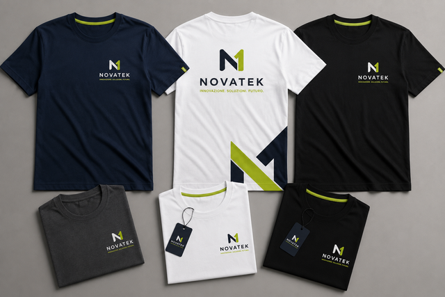 Magliette e camicie piegate a marchio Novatek nei colori blu navy, bianco, nero e grigio con dettagli verde neon.