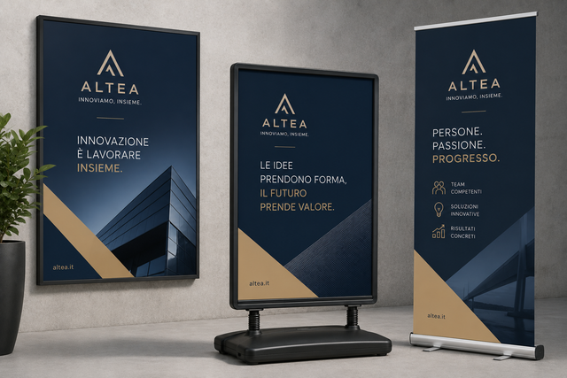 Tre striscioni promozionali ALTEA blu navy e oro su supporti in un interno moderno