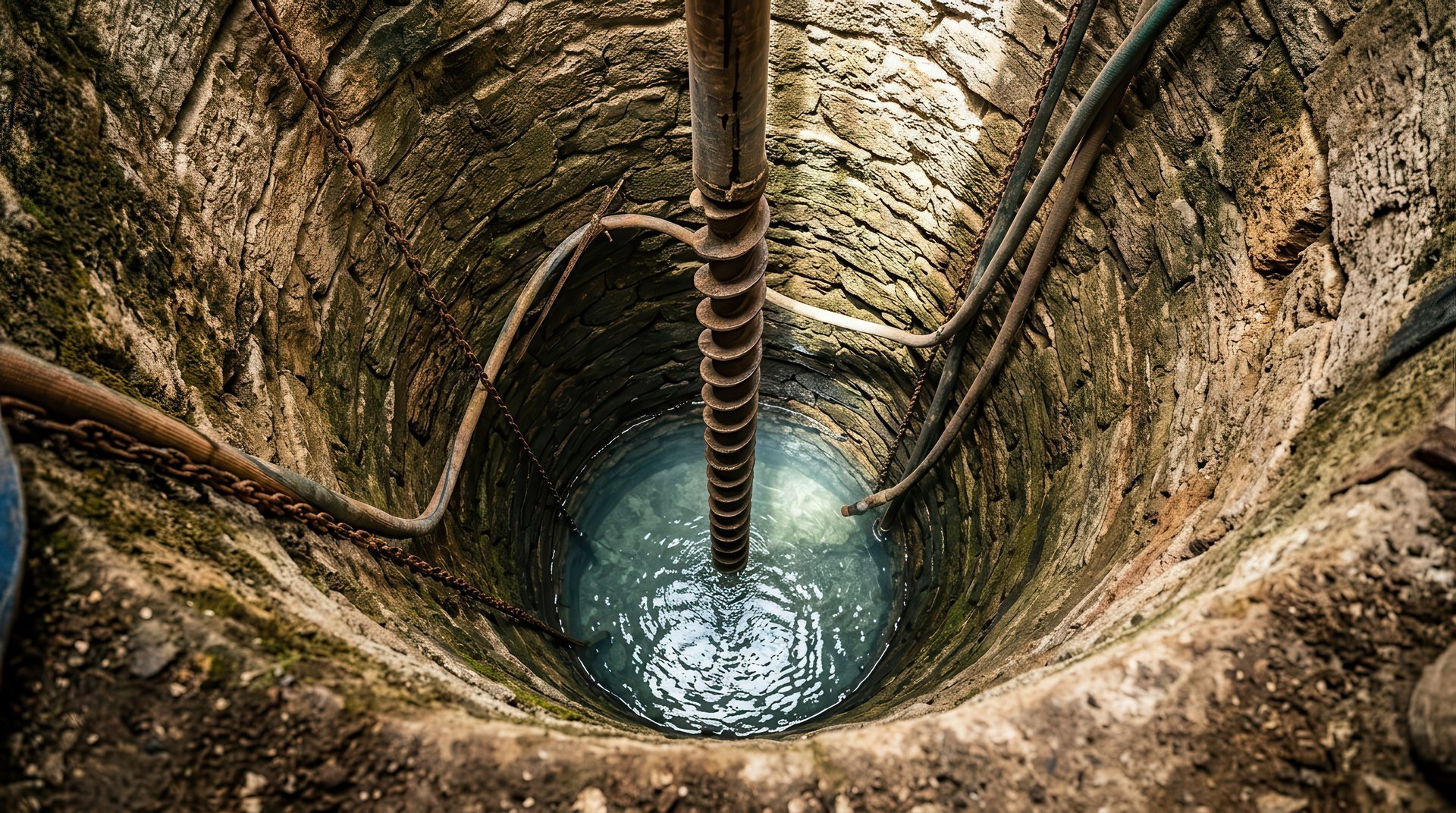 Interior view of a stone-lined water well shaft with visible water level, illustrating conditions assessed during water well restoration Interior view of a stone-lined water well shaft with visible water level, illustrating conditions assessed during water well restoration