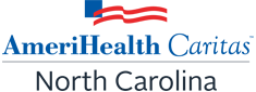 AmeriHealth Caritas North Carolina logo in blue and red text with red wave mark