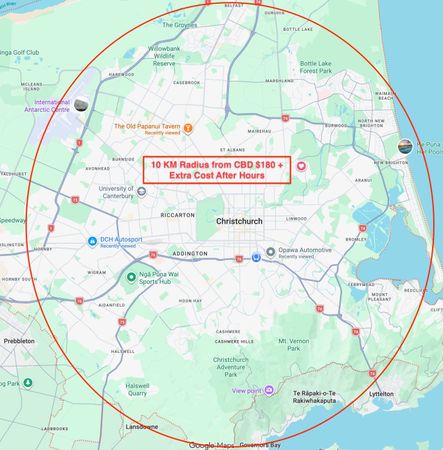 towing Pricing map of Christchurch