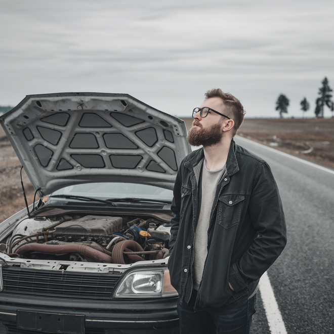 Broken down car with man waiting to be