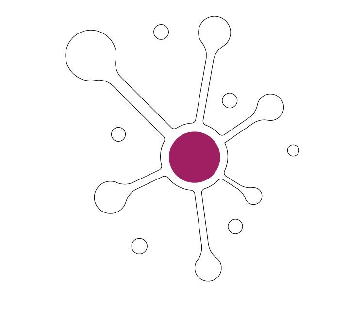 A drawing of a purple circle surrounded by white circles on a white background.