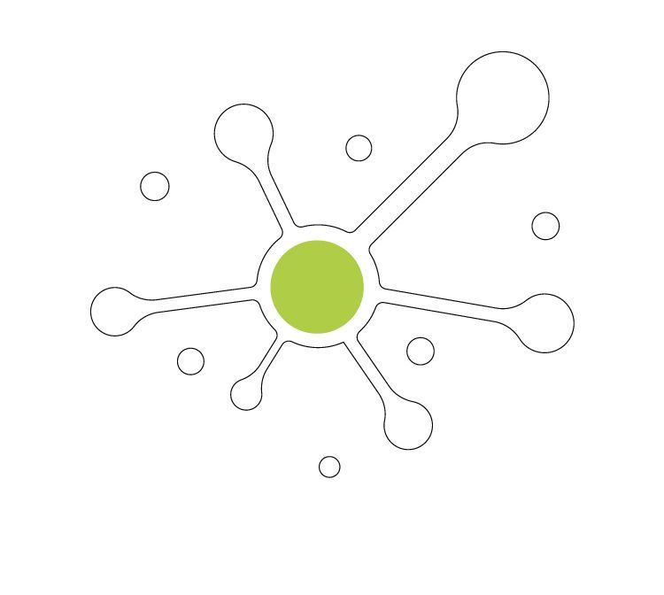 A green circle is surrounded by white circles on a white background.