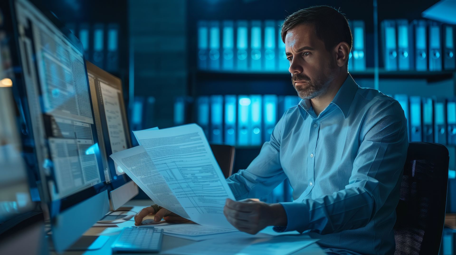 A man is sitting at a desk in front of a computer looking at a piece of paper.