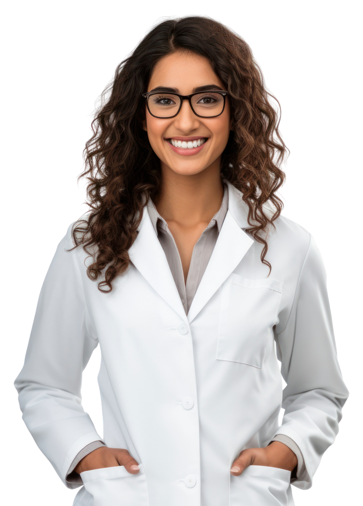 A woman in a lab coat and glasses is smiling.