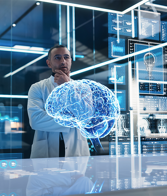 A man in a lab coat is looking at a glowing brain