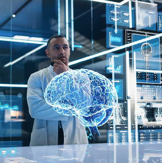 A man in a lab coat is looking at a glowing brain