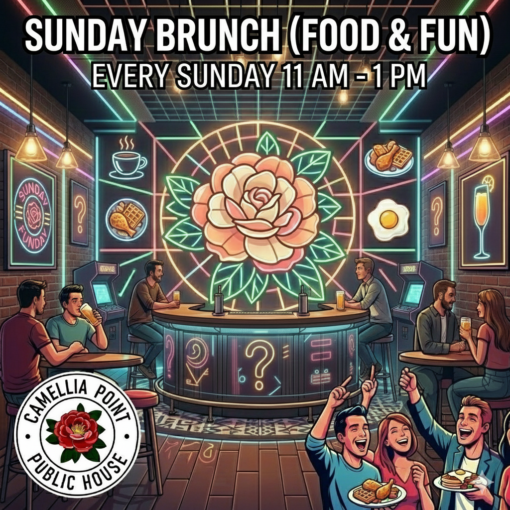 Sunday brunch at Camellia Point Public House. Neon bar, people, food, 11 AM-1 PM.