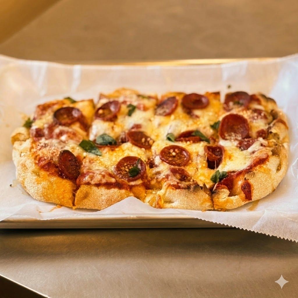 A rectangular pepperoni pizza with melted cheese and fresh basil leaves on parchment paper inside a tray.
