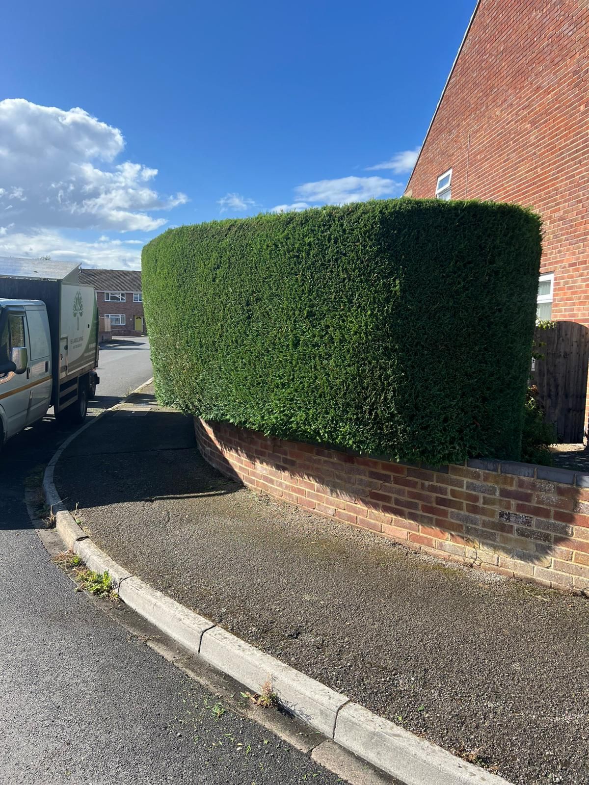 Trimmed hedge beside a brick wall along a curb, with a white van parked on a sunny street.