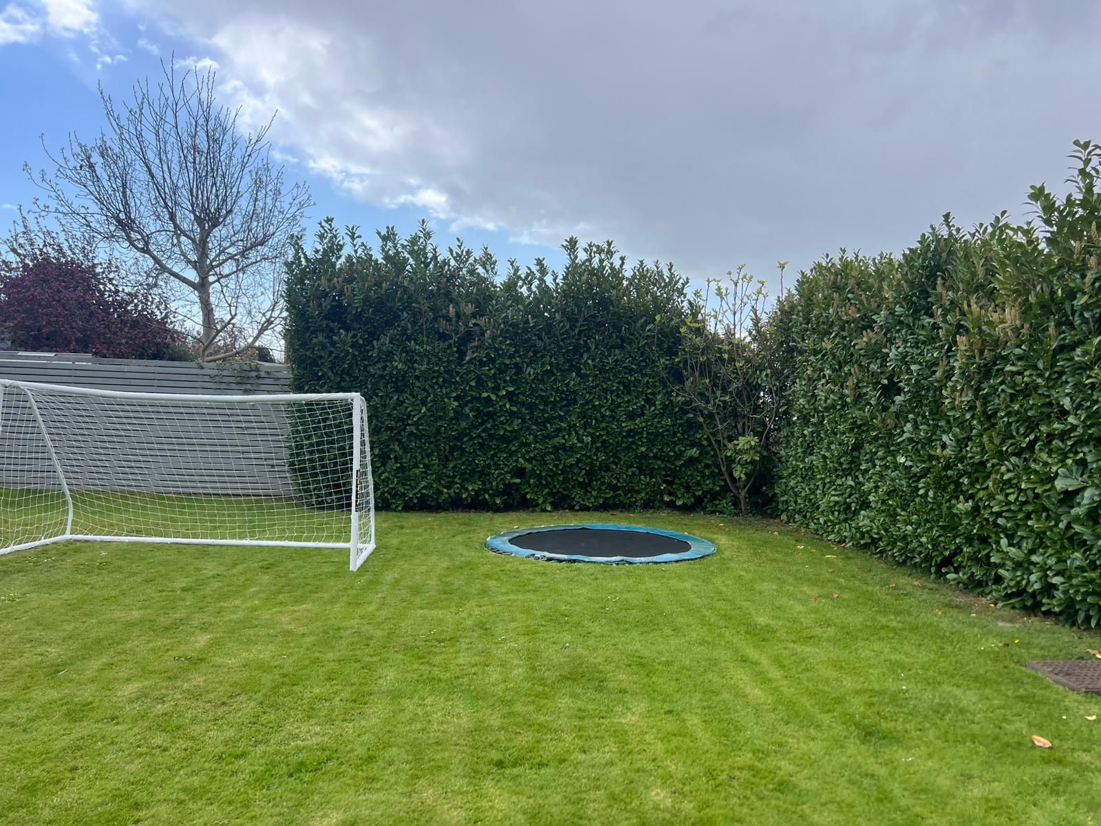Backyard lawn with a soccer goal on the left and a trampoline in the center, bordered by hedges.