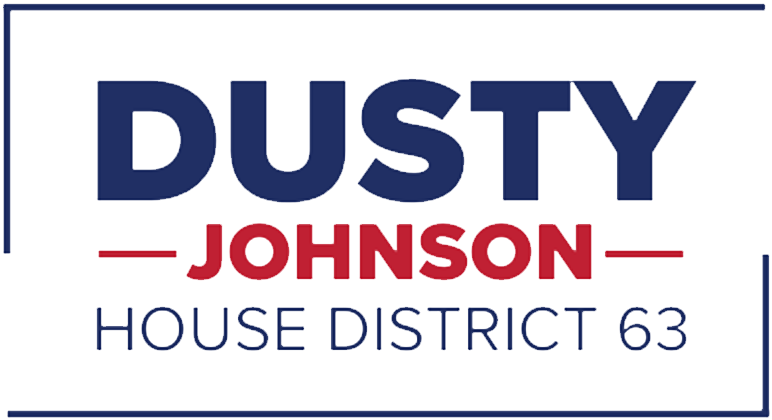 The logo for dusty johnson house district 63 is blue and red.