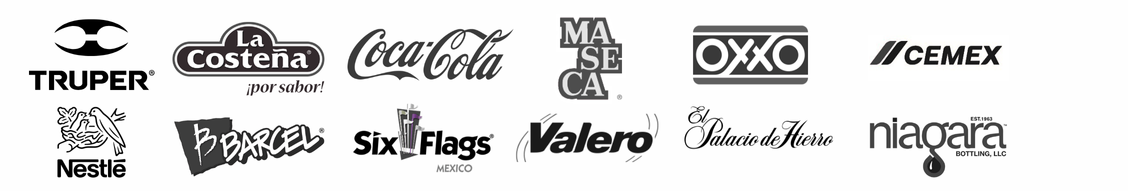 Logotipos de varias empresas, incluidas Truper, Coca-Cola, Six Flags y Nestlé.