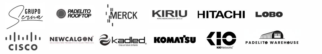 Logotipos de varias empresas, incluidas Cisco, Hitachi, Merck y Komatsu.