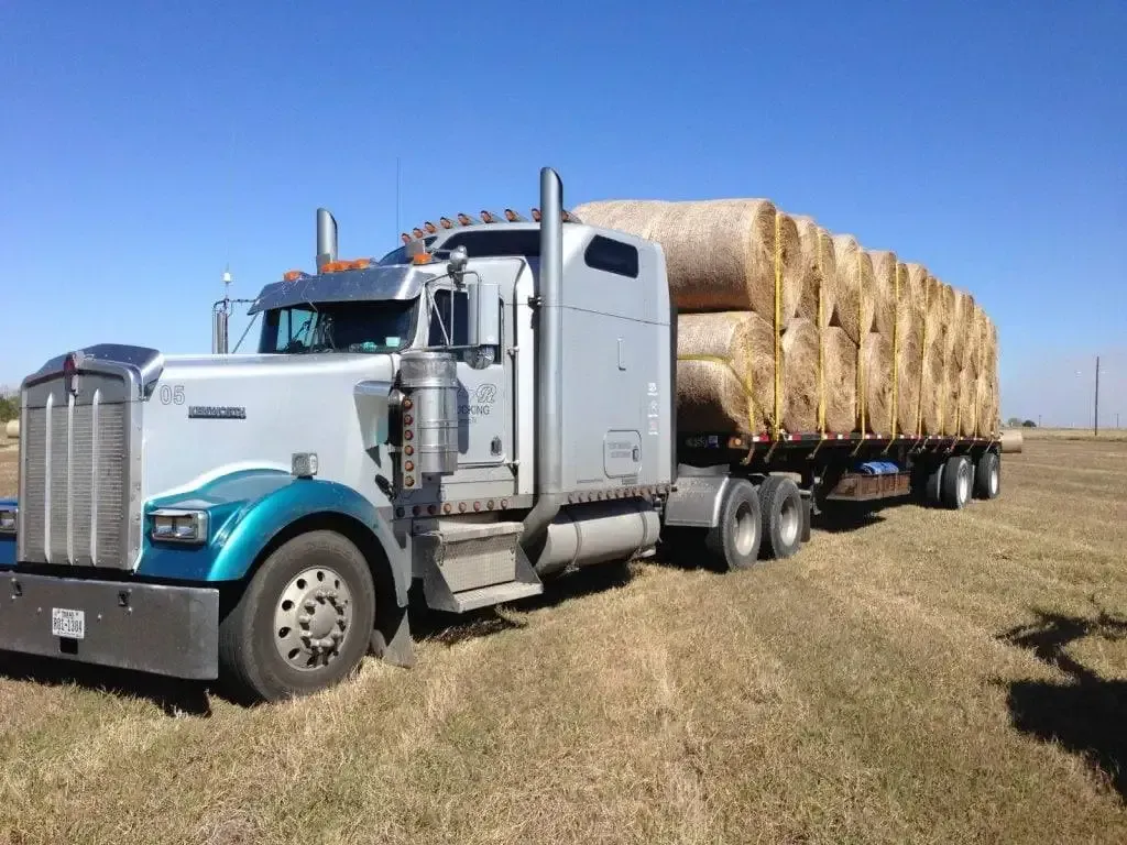A semi truck is pulling a trailer full of hay bales.
