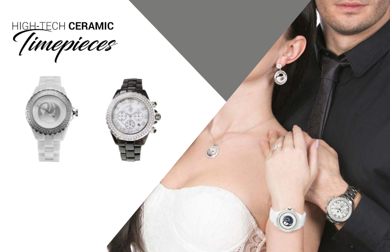 A man and a woman wearing ceramic timepieces watches