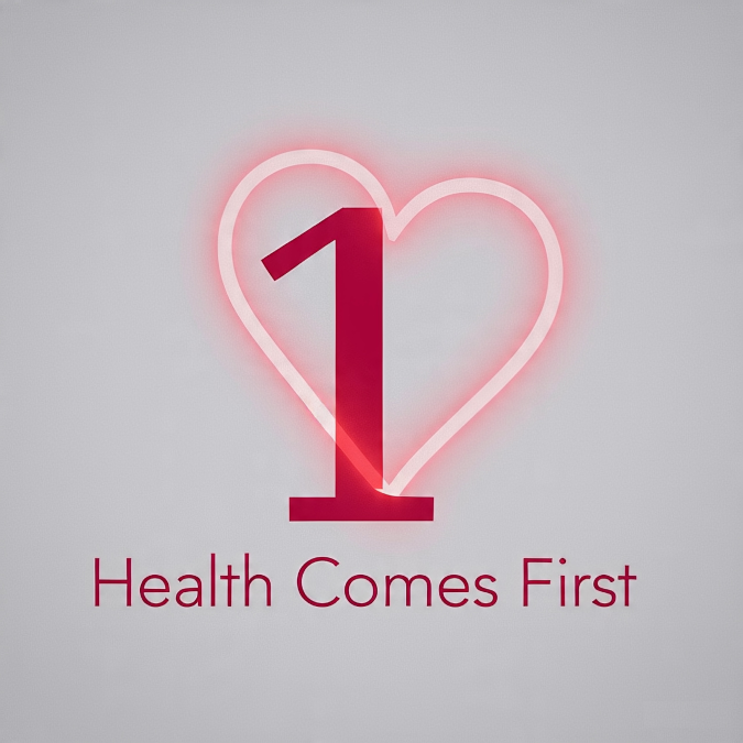 A sign that says health comes first with a heart and the number 1