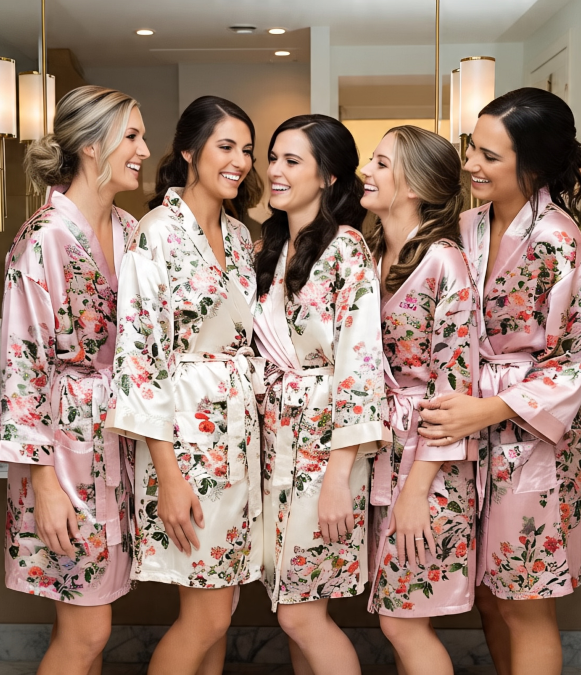 A group of bridesmaids wearing floral robes are posing for a picture
