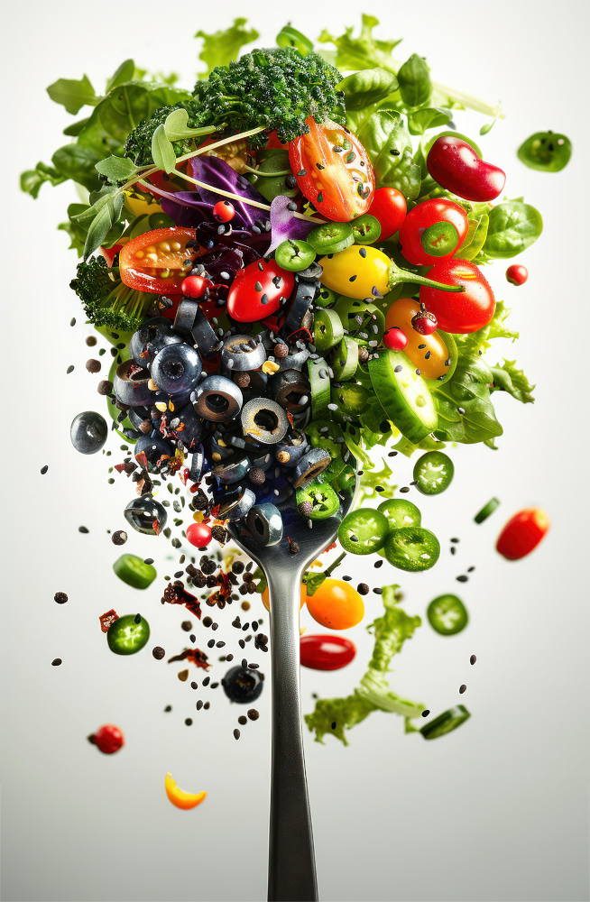 A spoon filled with fruits and vegetables on a white background