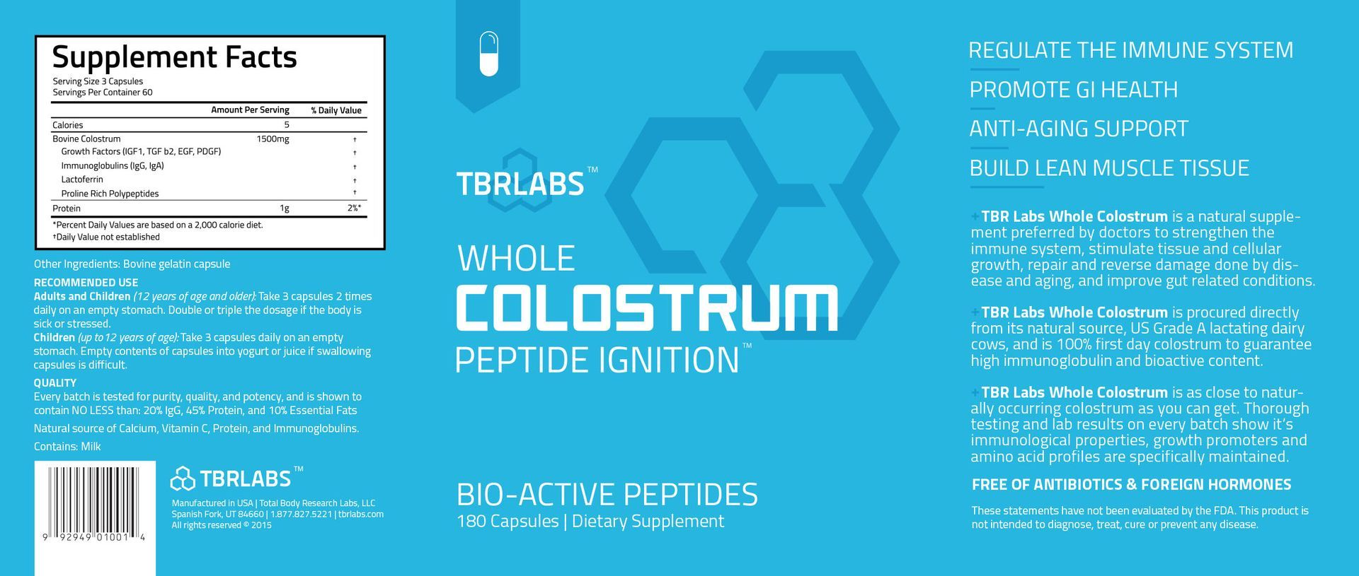 Colostrum (TBR Labs) 1,500 mg- (Whole Bio Active Peptide Ignition)- 180 caps