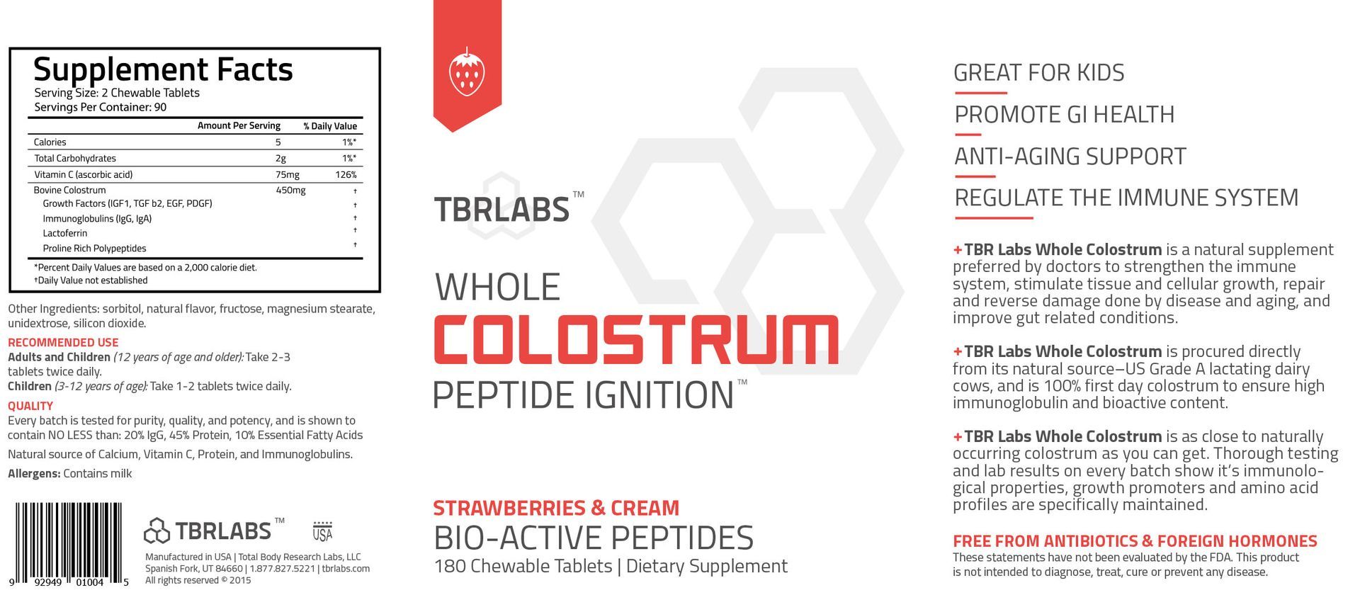 Colostrum (TBR Labs) 450 mg- Chewable- Strawberry & Cream- 180 ct