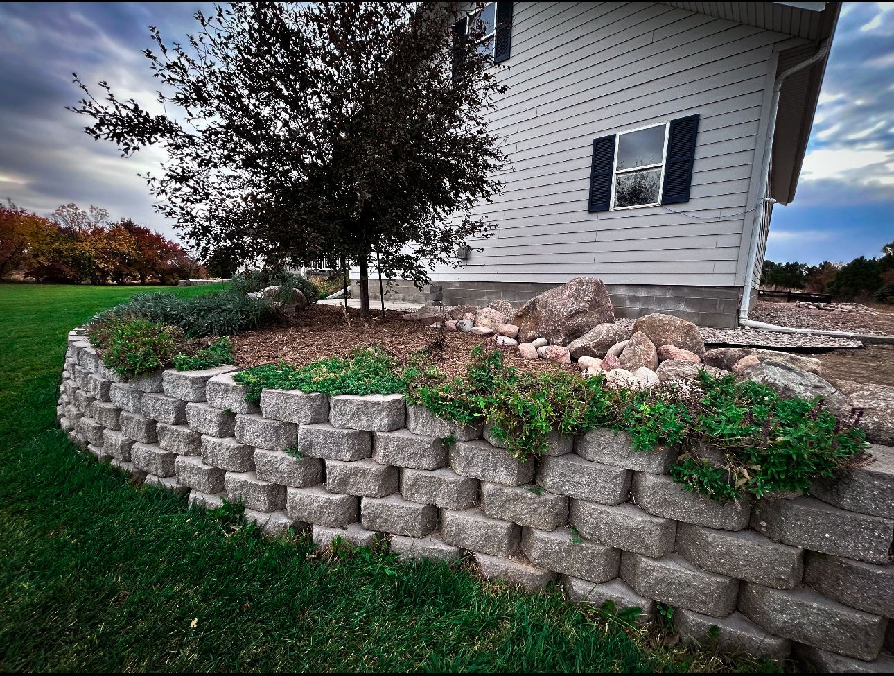 Retaining wall made of grey blocks curves around a small tree and flower bed in front of a house.