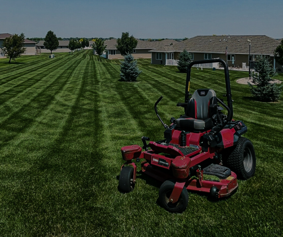 Red zero-turn lawnmower on striped green lawn in a residential neighborhood.