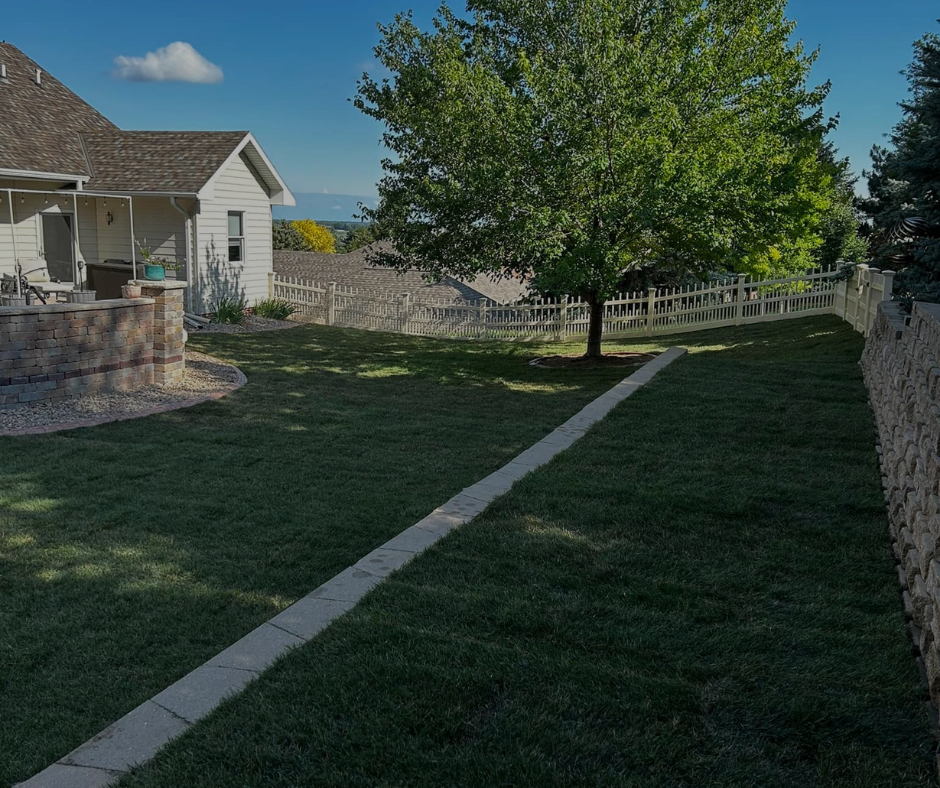 A suburban backyard with a house, a tree, green grass, a paved pathway, and a fence under a blue sky.