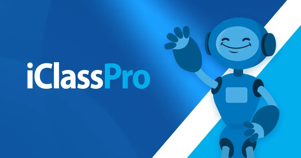 A blue robot with headphones is waving on a blue and white background.