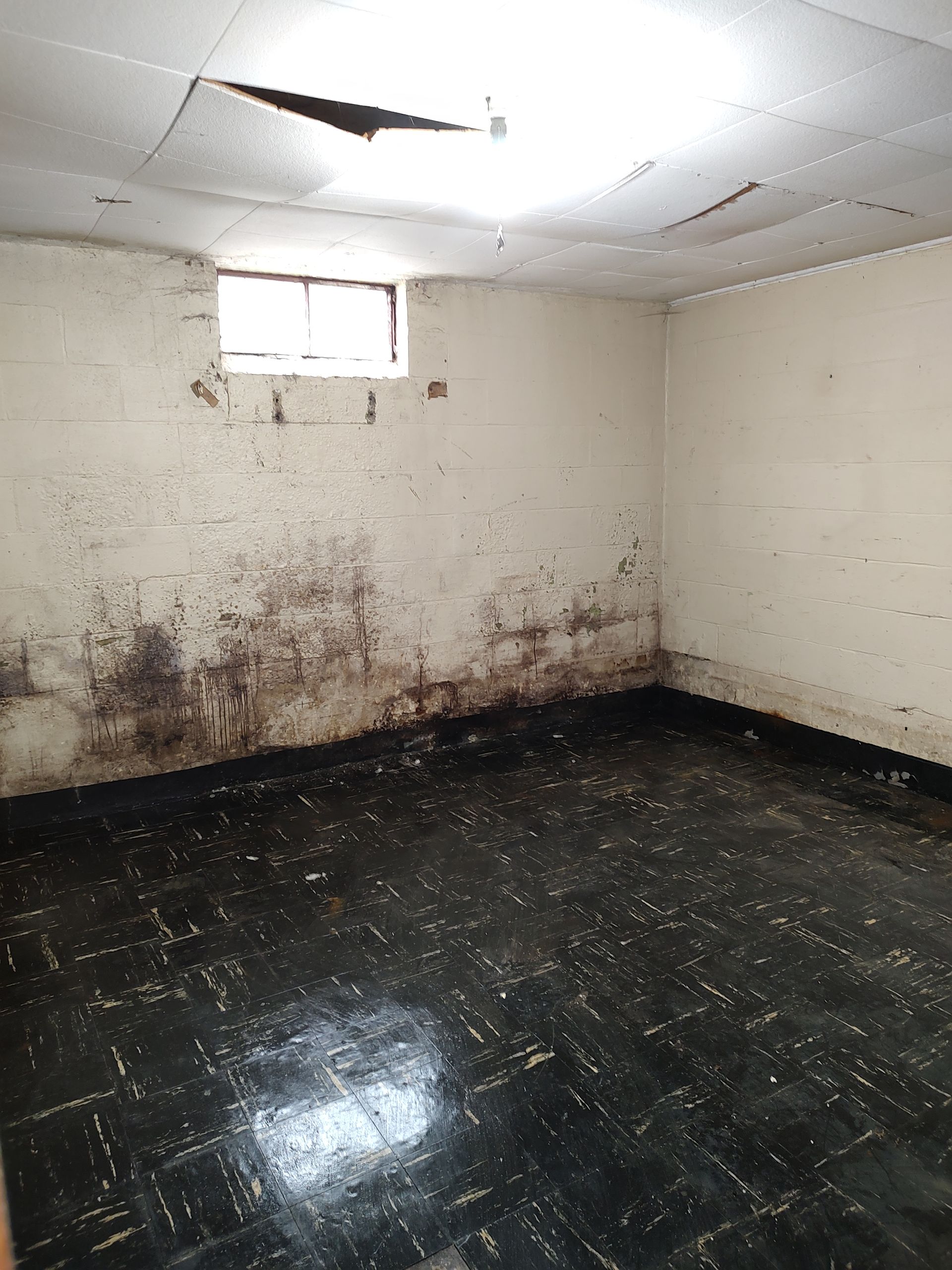 There is a window in the corner of the room.