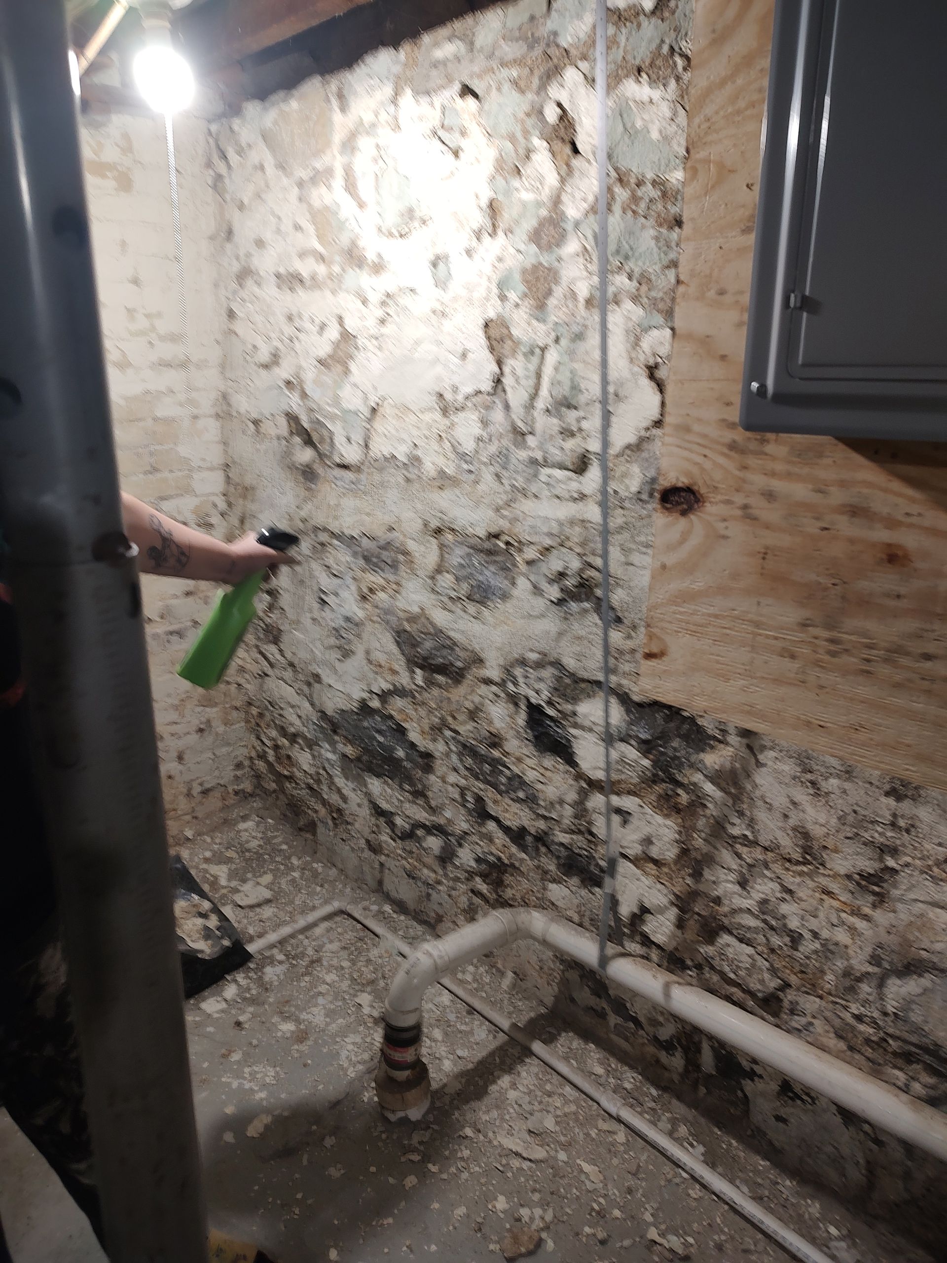 A person is spraying something on a stone wall in a basement.