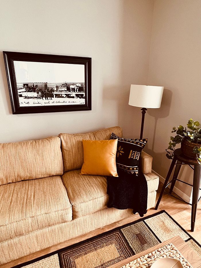 camel colored couch with throw pillows