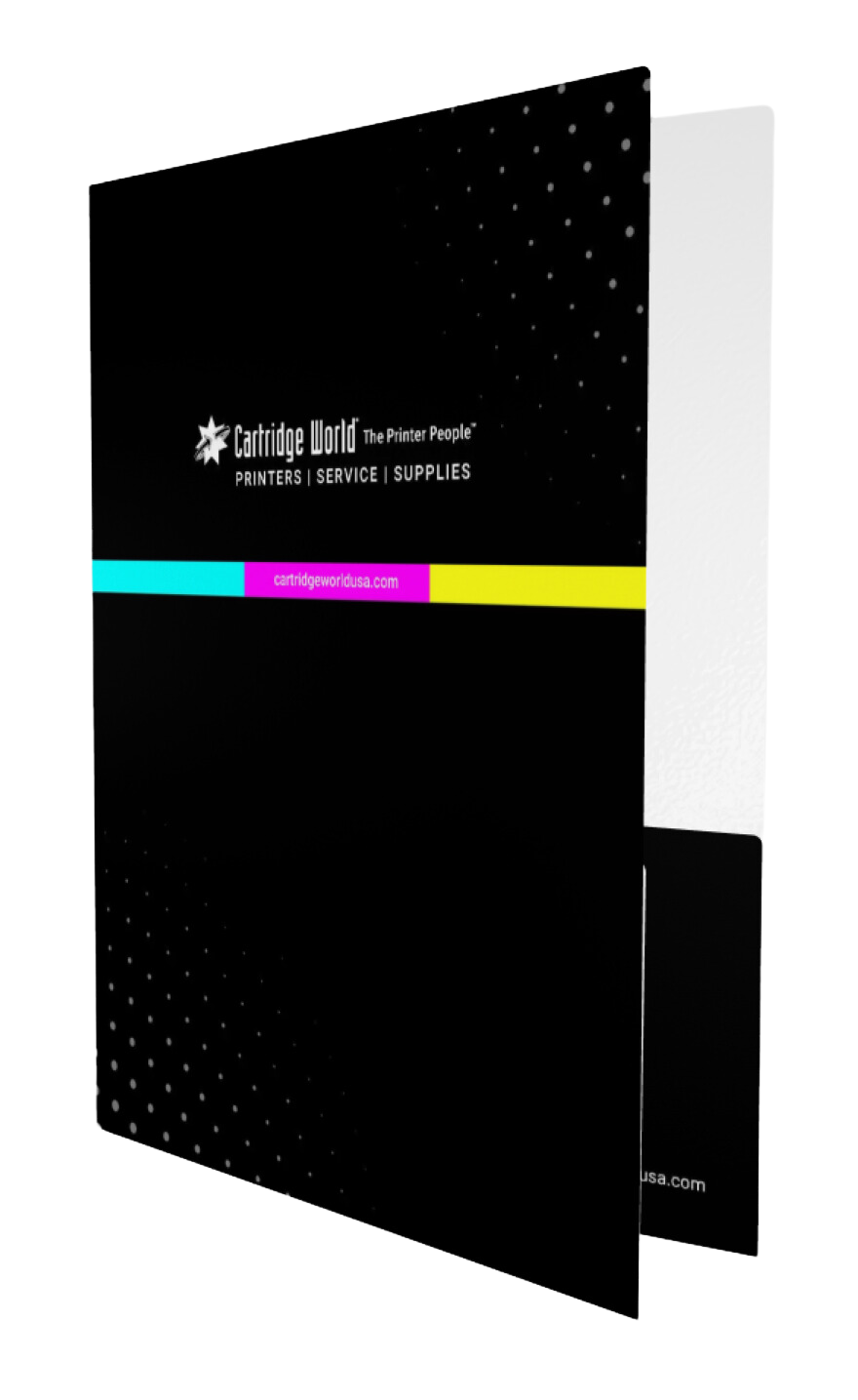 A black folder with a colorful stripe on the front