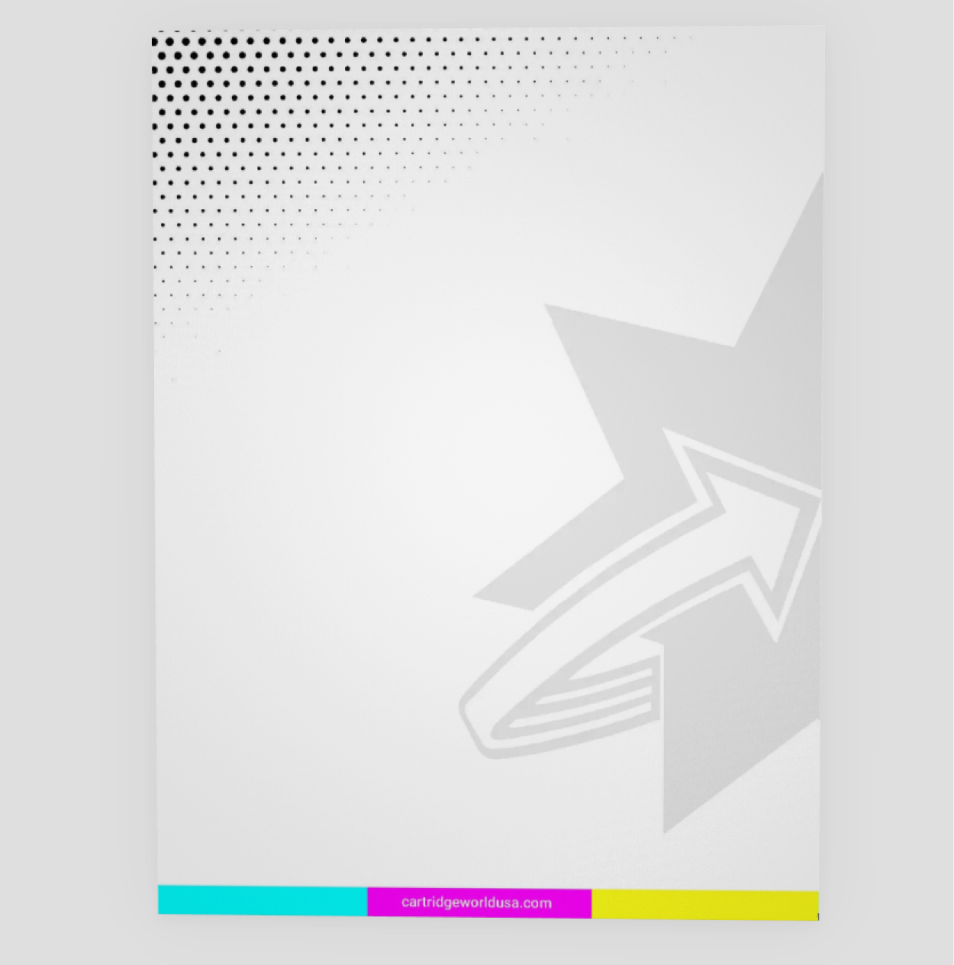 White paper with halftone pattern, gray star with arrow, and cyan/magenta/yellow bar.
