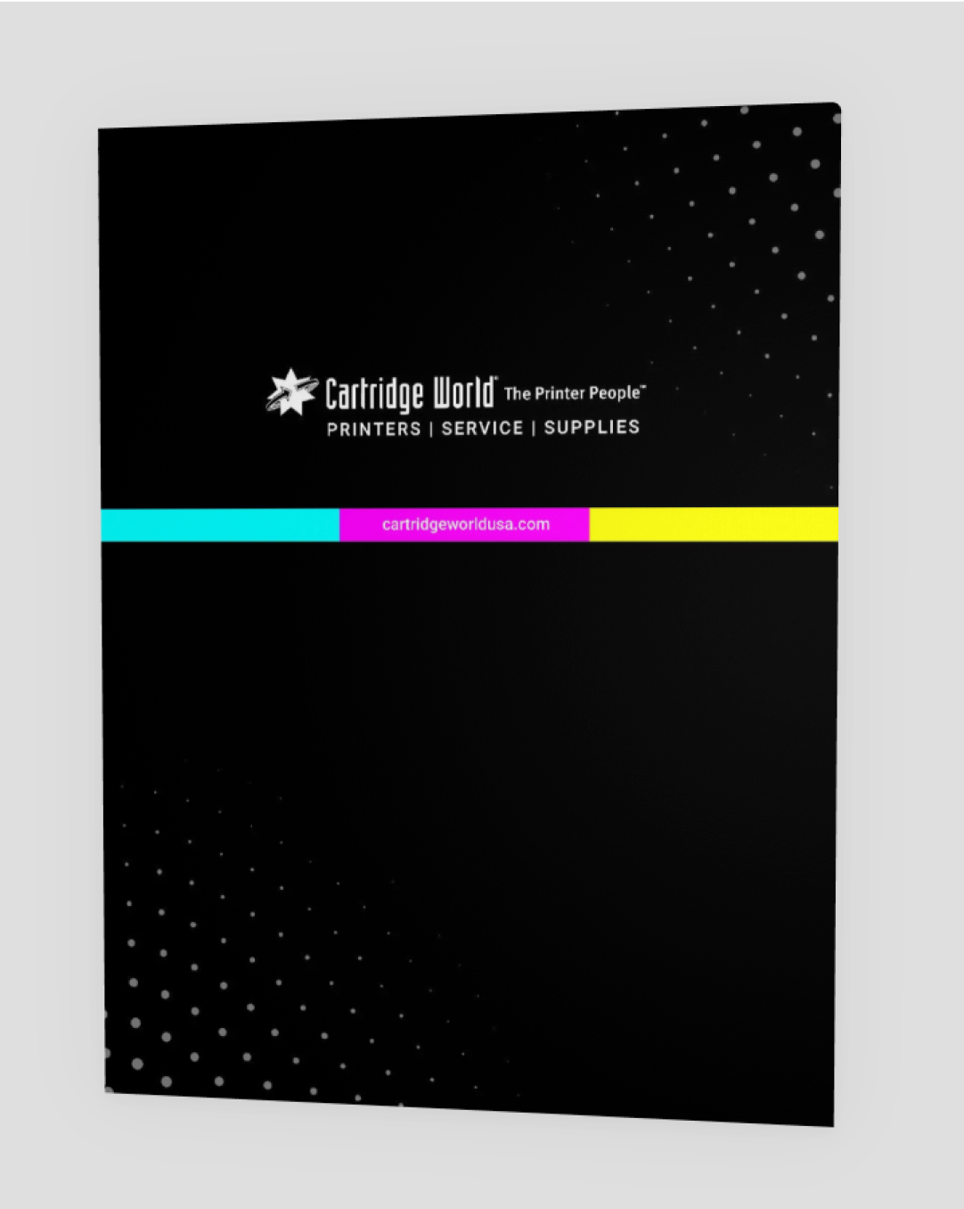 Black Cartridge World brochure with cyan, magenta, and yellow stripe. Includes company logo and text.