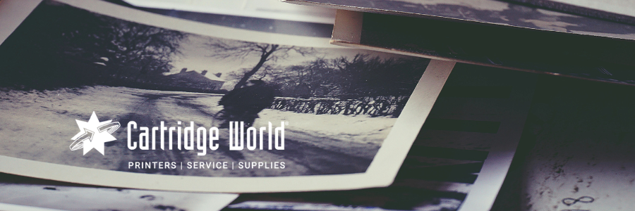 Close-up of old photographs with the Cartridge World logo overlaid.