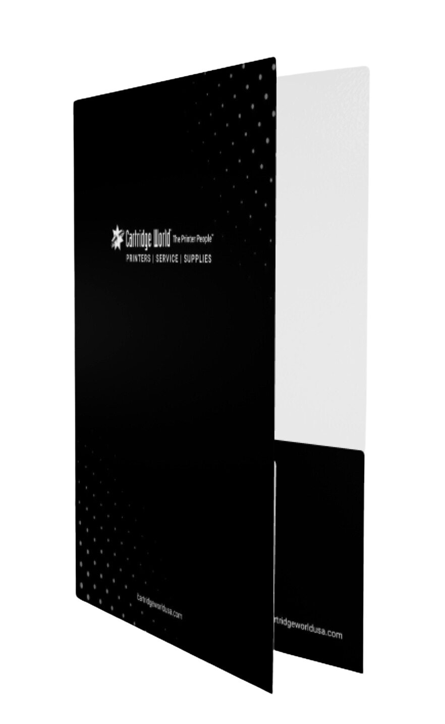 A black folder with a white logo on it is open on a white background.