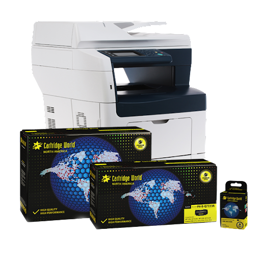 Three boxes of cartridges are next to a printer