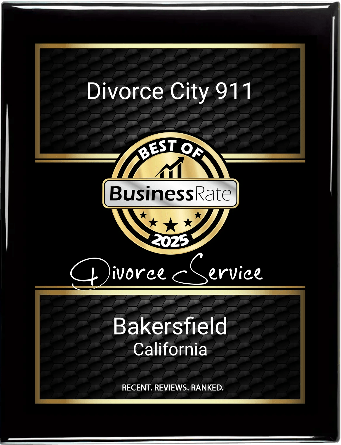 Award plaque for Divorce City 911,